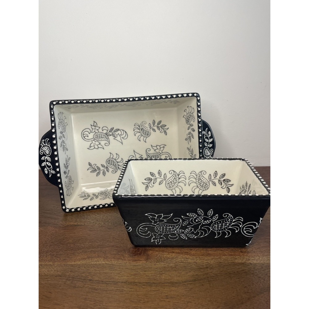 2 PC Baum Stoneware Casserole Baking Dish Black White Floral Paisley